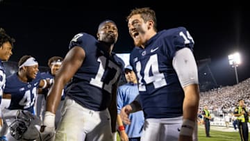 STATE COLLEGE, PA - SEPTEMBER 18: Sean Clifford #14 of the Penn State Nittany Lions celebrates after the game against the Auburn Tigers at Beaver Stadium on September 18, 2021 in State College, Pennsylvania. (Photo by Scott Taetsch/Getty Images)