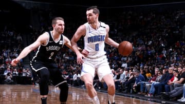 BROOKLYN, NY - JANUARY 1, 2018: Mario Hezonja #8 of the Orlando Magic handles the ball against the Brooklyn Nets on January 1, 2018 at Barclays Center in Brooklyn, New York. NOTE TO USER: User expressly acknowledges and agrees that, by downloading and or using this Photograph, user is consenting to the terms and conditions of the Getty Images License Agreement. Mandatory Copyright Notice: Copyright 2018 NBAE (Photo by Nathaniel S. Butler/NBAE via Getty Images)