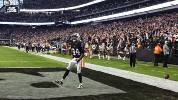 LAS VEGAS, NEVADA - DECEMBER 18: Keelan Cole #84 of the Las Vegas Raiders celebrates after scoring the tying touchdown during an NFL football game between the Las Vegas Raiders and the New England Patriots at Allegiant Stadium on December 18, 2022 in Las Vegas, Nevada. (Photo by Michael Owens/Getty Images)
