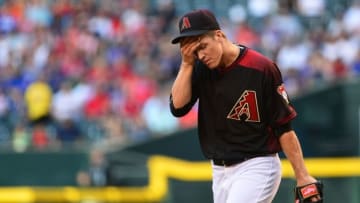 Apr 9, 2016; Phoenix, AZ, USA; Arizona Diamondbacks starting pitcher Zack Greinke (21) reacts during the first inning of the game against the Chicago Cubs at Chase Field. Mandatory Credit: Jennifer Stewart-USA TODAY Sports