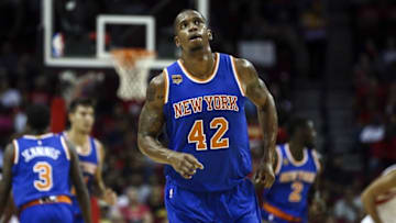 Oct 4, 2016; Houston, TX, USA; New York Knicks forward Lance Thomas (42) looks up after a play during the first half against the Houston Rockets at Toyota Center. Mandatory Credit: Troy Taormina-USA TODAY Sports