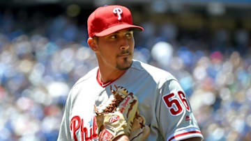Jun 14, 2016; Toronto, Ontario, CAN; Philadelphia Phillies starting pitcher Zach Eflin (56) looks toward the scoreboard as he leaves the game in the third inning against Toronto Blue Jays at Rogers Centre. The Jays won 11-2. Mandatory Credit: Dan Hamilton-USA TODAY Sports