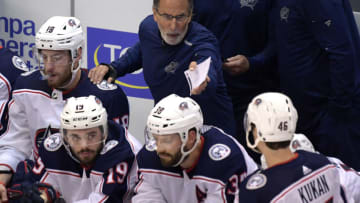 Aug 11, 2020; Toronto, Ontario, CAN; Columbus Blue Jackets head coach John Tortorella gesturea as he speaks to his players in game one of the first round of the 2020 Stanley Cup Playoffs against Tampa Bay LIghtning at Scotiabank Arena. Mandatory Credit: Dan Hamilton-USA TODAY Sports