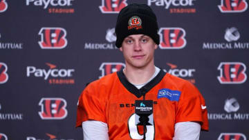 Cincinnati Bengals quarterback Joe Burrow (9) answers questions related to the cardiac arrest of Buffalo Bills safety Damar Hamlin (3) from the Monday Night Football game, Wednesday, Jan. 4, 2023, in Cincinnati.Joe Burrow Press Conference Jan 4 0024