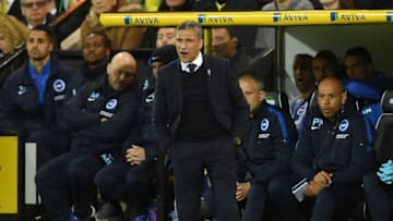 NORWICH, ENGLAND - APRIL 21: Manager of Brighton and Hove Albion, Chris Hughton reacts during the Sky Bet Championship match between Norwich City and Brighton
