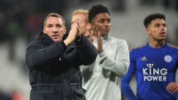 LONDON, ENGLAND - DECEMBER 28: Brendan Rodgers, Manager of Leicester City acknowledges the fans following the Premier League match between West Ham United and Leicester City at London Stadium on December 28, 2019 in London, United Kingdom. (Photo by Michael Regan/Getty Images)