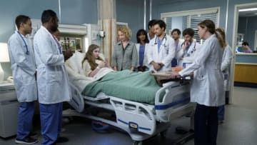 GREY'S ANATOMY - "Let's All Go to the Bar" - Jo becomes a safe haven volunteer and gets a call that a baby has been dropped off at Station 19. Meanwhile, Meredith moves forward with her life after facing the medical board. Jackson takes a big step in his budding romance with Vic, while Bailey and Amelia swap pregnancy updates on the fall finale of "Grey's Anatomy," THURSDAY, NOV. 21 (8:00-9:01 p.m. EST), on ABC. (ABC/Kelsey McNeal)ALLYSSA AMELIA ENTZ, MOLLY BAKER, GIACOMO GIANNIOTTI, JAKE BORELLI, ALEX BLUE DAVIS, ELLEN POMPEO