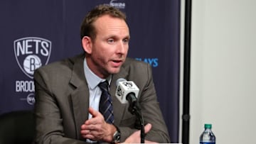 Feb 19, 2016; Brooklyn, NY, USA; Brooklyn Nets new general manager Sean Marks speaks to the media during a press conference before a game against the New York Knicks at Barclays Center. Mandatory Credit: Brad Penner-USA TODAY Sports