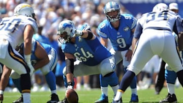 Sep 13, 2015; San Diego, CA, USA; Detroit Lions center Travis Swanson (64) points out a defensive player during the game against the San Diego Chargers at Qualcomm Stadium. San Diego won 33-28. Mandatory Credit: Orlando Ramirez-USA TODAY Sports