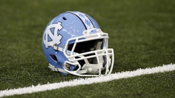 Sep 3, 2016; Atlanta, GA, USA; A North Carolina Tar Heels helmet on the field prior to the 2016 Chick-Fil-A Kickoff game against the Georgia Bulldogs at Georgia Dome. Mandatory Credit: Brett Davis-USA TODAY Sports