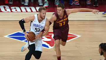 Aug 11, 2021; Las Vegas, Nevada, USA; Cleveland Cavaliers forward Matt Ryan (37) reaches to attempt to steal the ball from Orlando Magic forward Ignas Brazdeikis (53) during an NBA Summer League game at Thomas & Mack Center. Mandatory Credit: Stephen R. Sylvanie-USA TODAY Sports
