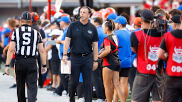 Aug 31, 2023; Salt Lake City, Utah, USA; Florida Gators head coach Billy Napier works the sideline in the first half against the Utah Utes at Rice-Eccles Stadium. Mandatory Credit: Jeff Swinger-USA TODAY Sports