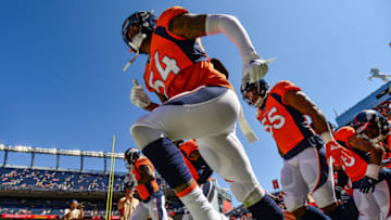 DENVER, CO - SEPTEMBER 9: Denver Broncos defensive players including linebacker Brandon Marshall #54 run onto the field to warm up before a game against the Seattle Seahawks at Broncos Stadium at Mile High on September 9, 2018 in Denver, Colorado. (Photo by Dustin Bradford/Getty Images)