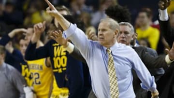 Feb 24, 2016; Ann Arbor, MI, USA; Michigan Wolverines head coach John Beilein gestures from the sidelines during the second half against the Northwestern Wildcats at Crisler Center. The Wolverines won 72-63. Mandatory Credit: Rick Osentoski-USA TODAY Sports