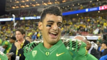 Dec 5, 2014; Santa Clara, CA, USA; Oregon Ducks quarterback Marcus Mariota (8) smiles after the Pac-12 Championship game against the Arizona Wildcats at Levi