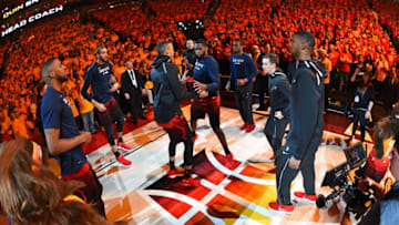 SALT LAKE CITY, UT - MAY 4: Derrick Favors #15 of the Utah Jazz is introduced against the Houston Rockets during Game Three of the Western Conference Semifinals of the 2018 NBA Playoffs on May 4, 2018 at the Vivint Smart Home Arena Salt Lake City, Utah. NOTE TO USER: User expressly acknowledges and agrees that, by downloading and or using this photograph, User is consenting to the terms and conditions of the Getty Images License Agreement. Mandatory Copyright Notice: Copyright 2018 NBAE (Photo by Andrew D. Bernstein/NBAE via Getty Images)