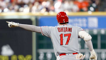 HOUSTON, TEXAS - APRIL 25: Shohei Ohtani #17 of the Los Angeles Angels hits a home run in the eighth inning Houston Astros at Minute Maid Park on April 25, 2021 in Houston, Texas. (Photo by Bob Levey/Getty Images)