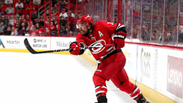 RALEIGH, NC - OCTOBER 27: Justin Faulk #27 of the Carolina Hurricanes shoots the puck during an NHL game against the St. Louis Blues on October 27, 2017 at PNC Arena in Raleigh, North Carolina. (Photo by Gregg Forwerck/NHLI via Getty Images)