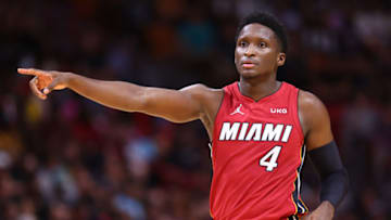 Victor Oladipo #4 of the Miami Heat looks on against the Detroit Pistons (Photo by Michael Reaves/Getty Images)