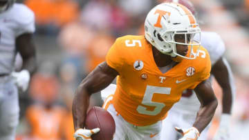 Oct 24, 2020; Knoxville, Tennessee, USA; Tennessee wide receiver Josh Palmer (5) runs the ball after a successful catch during a game between Alabama and Tennessee at Neyland Stadium in Knoxville, Tenn. on Saturday, Oct. 24, 2020. Mandatory Credit: Caitie McMekin-USA TODAY NETWORK