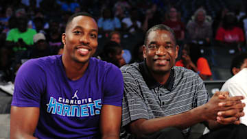 ATLANTA, GA - JUNE 23: New Charlotte Hornets center Dwight Howard and former professional basketball player Dikembe Mutombo attend the game between the Chicago Sky and the Atlanta Dream on June 23, 2017 at Hank McCamish Pavilion in Atlanta, Georgia. NOTE TO USER: User expressly acknowledges and agrees that, by downloading and/or using this Photograph, user is consenting to the terms and conditions of the Getty Images License Agreement. Mandatory Copyright Notice: Copyright 2017 NBAE (Photo by Scott Cunningham/NBAE via Getty Images)
