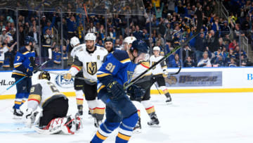 ST. LOUIS, MO - NOVEMBER 1: Vladimir Tarasenko #91 of the St. Louis Blues celebrates his goal against the Vegas Golden Knights at Enterprise Center on November 1, 2018 in St. Louis, Missouri. (Photo by Scott Rovak/NHLI via Getty Images)