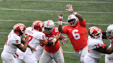 COLUMBUS, OH - NOVEMBER 21: Taron Vincent #6 of the Ohio State Buckeyes pressures the quarterback against the Indiana Hoosiers at Ohio Stadium on November 21, 2020 in Columbus, Ohio. (Photo by Jamie Sabau/Getty Images)
