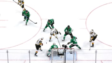 Alex Tuch #89 of the Vegas Golden Knights attempts a shot against Anton Khudobin #35 of the Dallas Stars during the first period in Game Four of the Western Conference Final. (Photo by Bruce Bennett/Getty Images)