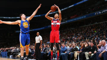 WASHINGTON, DC -  FEBRUARY 3: Otto Porter Jr. #22 of the Washington Wizards shoots the ball against the Golden State Warriors on February 3, 2016 at Verizon Center in Washington, DC. NOTE TO USER: User expressly acknowledges and agrees that, by downloading and or using this Photograph, user is consenting to the terms and conditions of the Getty Images License Agreement. Mandatory Copyright Notice: Copyright 2016 NBAE (Photo by Ned Dishman/NBAE via Getty Images)