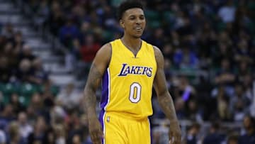 Oct 28, 2016; Salt Lake City, UT, USA; Los Angeles Lakers forward Nick Young (0) reacts during the second quarter against the Utah Jazz at Vivint Smart Home Arena. Mandatory Credit: Jeff Swinger-USA TODAY Sports