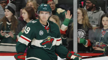 ST. PAUL, MN - JANUARY 19: Victor Rask #49 of the Minnesota Wild warms up before a game with the Columbus Blue Jackets at Xcel Energy Center on January 19, 2018 in St. Paul, Minnesota.(Photo by Bruce Kluckhohn/NHLI via Getty Images)