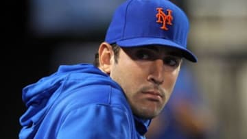 Sep 9, 2013; New York, NY, USA; New York Mets injured starting pitcher Matt Harvey (33) looks on from the dugout during the sixth inning of a game against the Washington Nationals at Citi Field. Mandatory Credit: Brad Penner-USA TODAY Sports