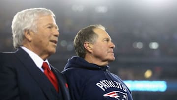 FOXBORO, MA - JANUARY 22: Robert Kraft, owner and CEO of the New England Patriots (L), and head coach Bill Belichick of the New England Patriots look on after defeating the Pittsburgh Steelers 36-17 to win the AFC Championship Game at Gillette Stadium on January 22, 2017 in Foxboro, Massachusetts. (Photo by Maddie Meyer/Getty Images)