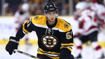 Sep 20, 2015; Providence,RI, USA; Boston Bruins center Ryan Spooner (51) warms up prior to a game against the New Jersey Devils at the Dunkin Donuts Center. Mandatory Credit: Mark L. Baer-USA TODAY Sports