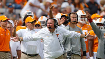 KNOXVILLE, TN - OCTOBER 14: Head coach Butch Jones of the Tennessee Volunteers reacts against the South Carolina Gamecocks during the first half at Neyland Stadium on October 14, 2017 in Knoxville, Tennessee. (Photo by Michael Reaves/Getty Images)