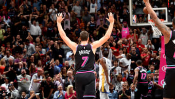 MIAMI, FL - FEBRUARY 27: Goran Dragic #7 of the Miami Heat reacts against the Golden State Warriors on February 27, 2019 at American Airlines Arena in Miami, Florida. NOTE TO USER: User expressly acknowledges and agrees that, by downloading and or using this Photograph, user is consenting to the terms and conditions of the Getty Images License Agreement. Mandatory Copyright Notice: Copyright 2019 NBAE (Photo by Jesse D. Garrabrant/NBAE via Getty Images)