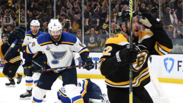 BOSTON, MASSACHUSETTS - MAY 27: Joel Edmundson #6 and goaltender Jordan Binnington #50 of the St. Louis Blues react after Sean Kuraly #52 of the Boston Bruins scored the game winning goal in the third period of Game One of the 2019 Stanley Cup Finals at TD Garden on May 27, 2019 in Boston, Massachusetts. (Photo by Dave Sandford/NHLI via Getty Images)