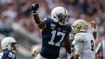 STATE COLLEGE, PA - AUGUST 31: Garrett Taylor #17 of the Penn State Nittany Lions celebrates against the Idaho Vandals during the first half at Beaver Stadium on August 31, 2019 in State College, Pennsylvania. (Photo by Scott Taetsch/Getty Images)