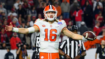 Trevor Lawrence (16) celebrates in the final seconds of the 2019 PlayStation Fiesta Bowl college football playoff semifinal game between the Ohio State Buckeyes and the Clemson Tigers on December 28, 2019 at State Farm Stadium in Glendale, AZ. (Photo by Brian Rothmuller/Icon Sportswire via Getty Images)