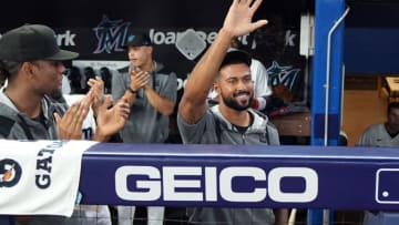 Oct 5, 2022; Miami, Florida, USA; Miami Marlins pitcher Sandy Alcantara (22) waives to fans while being recognized for an outstanding season in the fourth inning at loanDepot Park. Mandatory Credit: Jim Rassol-USA TODAY Sports