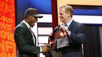 Apr 28, 2016; Chicago, IL, USA; Corey Coleman (Baylor) reacts with NFL commissioner Roger Goodell after being selected by the Cleveland Browns as the number fifteen overall pick in the first round of the 2016 NFL Draft at Auditorium Theatre. Mandatory Credit: Kamil Krzaczynski-USA TODAY Sports