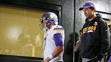 PITTSBURGH, PA - SEPTEMBER 17: Case Keenum #7 of the Minnesota Vikings heads to the field with Sam Bradford #8 before the start of the game against the Pittsburgh Steelers at Heinz Field on September 17, 2017 in Pittsburgh, Pennsylvania. (Photo by Justin K. Aller/Getty Images)