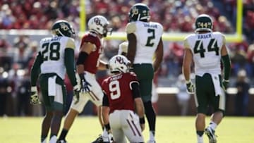 Nov 8, 2014; Norman, OK, USA; Oklahoma Sooners quarterback Trevor Knight (9) during the first half against the Baylor Bears at Gaylord Family - Oklahoma Memorial Stadium. Mandatory Credit: Kevin Jairaj-USA TODAY Sports