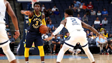 MEMPHIS, TN - OCTOBER 6: Aaron Holiday #3 of the Indiana Pacers handles the ball against the Memphis Grizzlies during a pre-season game on October 6, 2018 at FedExForum in Memphis, Tennessee. NOTE TO USER: User expressly acknowledges and agrees that, by downloading and or using this Photograph, user is consenting to the terms and conditions of the Getty Images License Agreement. Mandatory Copyright Notice: Copyright 2018 NBAE (Photo by Joe Murphy/NBAE via Getty Images)