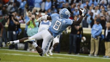 Nov 19, 2016; Chapel Hill, NC, USA; North Carolina Tar Heels running back T.J. Logan (8) makes a one handed touchdown catch in the second quarter at Kenan Memorial Stadium. Mandatory Credit: Bob Donnan-USA TODAY Sports