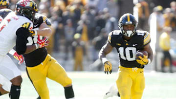 IOWA CITY, IOWA- OCTOBER 20: Running back Mekhi Sargent #10 of the Iowa Hawkeyes runs up the field during the first half against the Maryland Terrapins on October 20, 2018 at Kinnick Stadium, in Iowa City, Iowa. (Photo by Matthew Holst/Getty Images)