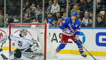 NEW YORK, NY - FEBRUARY 04: New York Rangers defenseman Marc Staal (18) looks to pass as Los Angeles Kings goaltender Jonathan Quick (32) prepares to make save during the Los Angeles Kings and New York Rangers NHL game on February 4, 2019, at Madison Square Garden in New York, NY. (Photo by John Crouch/Icon Sportswire via Getty Images)