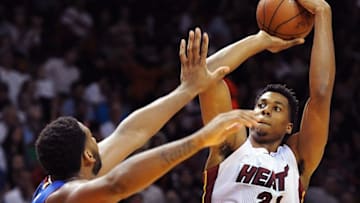 Apr 5, 2016; Miami, FL, USA; Miami Heat center Hassan Whiteside (21) shoots in the second half over Detroit Piston