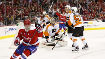 Feb 7, 2016; Washington, DC, USA; Washington Capitals defenseman Dmitry Orlov (9) celebrates after scoring a goal against Philadelphia Flyers goalie Steve Mason (35) in the second period at Verizon Center. Mandatory Credit: Geoff Burke-USA TODAY Sports
