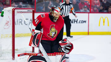 OTTAWA, ON - FEBRUARY 24: Ottawa Senators Goalie Craig Anderson (41) makes a save during second period National Hockey League action between the Philadelphia Flyers and Ottawa Senators on February 24, 2018, at Canadian Tire Centre in Ottawa, ON, Canada. (Photo by Richard A. Whittaker/Icon Sportswire via Getty Images)